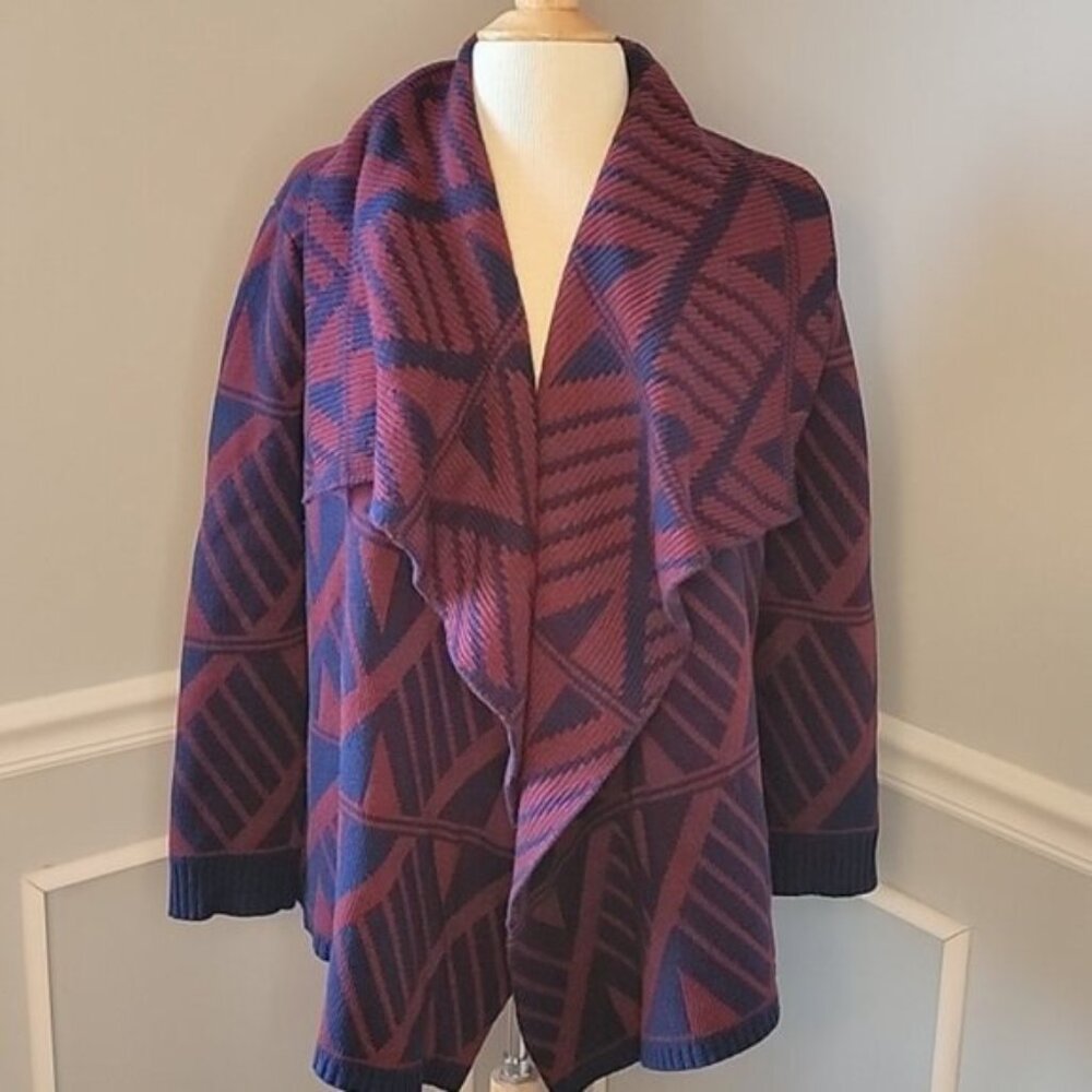 PIXLEY Maroon Navy Cashmere‎ Blend Waterfall Drape Boho Open Cardigan Sweater XL